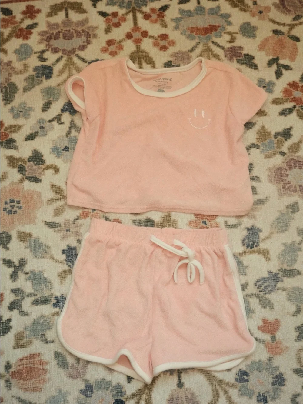 BearPaw Pink Terry Two-Piece Pajama Set with White Trim